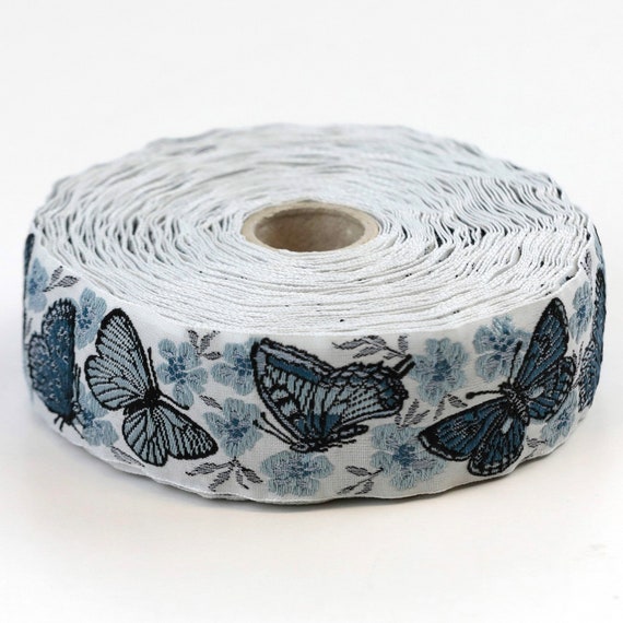 KAFKA G-22/06 Jacquard Ribbon Woven Organic Cotton Trim 1-1/4" wide (32mm) Lt Gray with Black & Blue Butterflies, Blue Blossoms