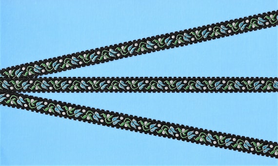 FLORAL B-24-G Jacquard Ribbon Rayon Trim 1/2" wide  (13mm) Variegated Blue Tulips White Dots Green Leaves on Black, Picot Edging, Per Yard