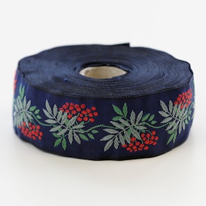 KAFKA G-05/12 Jacquard Ribbon Woven Organic Cotton Trim 1-1/4&quot; wide (32mm) Navy Background w/Red Berries, 2-Tone Green Leaves