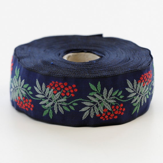 KAFKA G-05/12 Jacquard Ribbon Woven Organic Cotton Trim 1-1/4" wide (32mm) Navy Background w/Red Berries, 2-Tone Green Leaves
