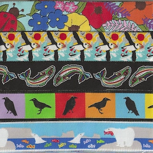 Emballage-cadeau de rubans de l'Alaska n° 9 ruban jacquard bordure en poly 22 mm (7/8 po.) 1 yard de chacun des 5 motifs fleurs, macareux, poissons, corbeaux, ours polaires
