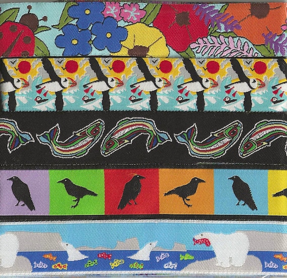 ALASKAN Ribbon Gift Pak #9 Jacquard Ribbon Poly Trim 7/8" (22mm) 1yd each of 5 Designs Ak Floral, Puffins, Fish, Ravens, Polar Bears