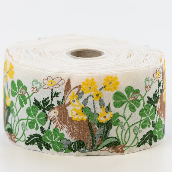 KAFKA K-04/02 Jacquard Ribbon Woven Organic Cotton Trim 2" wide (50mm) Cream Background w/Rabbits, Yellow Flowers in a Green Garden