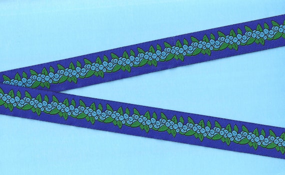 NOVELTY/Fruit RDS E-28-Aa Jacquard Ribbon Poly Trim 7/8" wide (22mm) ROYAL Blue Background w/Sweet Blueberries & Green Leaves