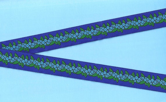 NOVELTY/Fruit E-28-Aa Jacquard Ribbon Poly Trim 7/8" wide (22mm) Sweet Blueberries on ROYAL BLUE Background w/Green Leaves, Per Yard