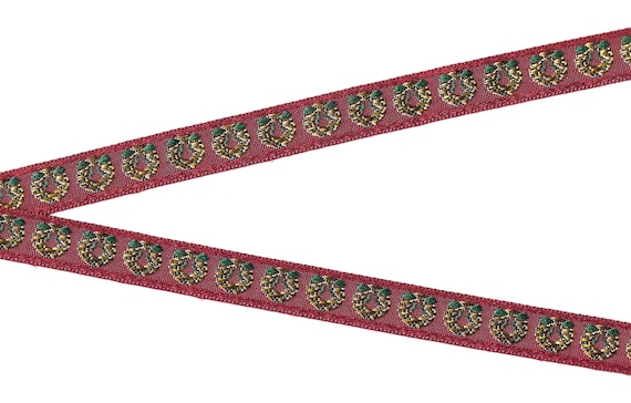 HOLIDAY C-18-D Jacquard Ribbon Poly Trim 5/8" Wide (16mm) VINTAGE Burgundy w/Gold Metallic Wreaths Green Bows & Berries, REMNANT 1yd