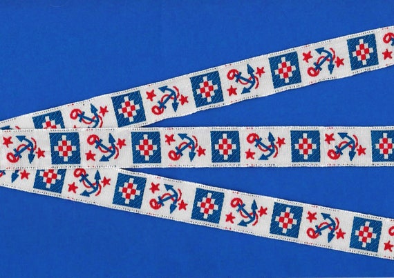 CHILDREN's NAUTICAL D-05-A Jacquard Ribbon Poly Trim 3/4" Wide (20mm) White w/Checks, Red Stars, Blue Anchors, Nautical Symbols