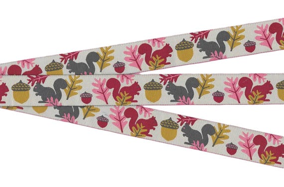 ANIMALS/Wildlife E-03-A Jacquard Ribbon Poly Trim 7/8" wide (22mm) Jessica Jones, Ivory w/Burgundy & Pink Squirrels