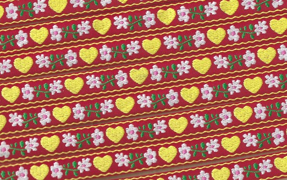 HEARTS/FLOWERS C-02-C Jacquard Ribbon Cotton Trim 5/8" wide (16mm) Made in France, Red w/Yellow Hearts, White Flowers