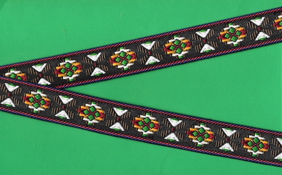 NATIVE AMERICAN F-09-B Jacquard Ribbon Poly Trim 1" wide (25mm) Tribal Design Black Blue Green Orange Red & Brown White Accents