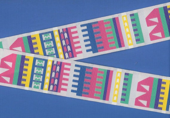 NATIVE AMERICAN H-02-A Jacquard Ribbon Poly Trim, 1-5/8" Wide (41mm) White w/Pink, Blue, Yellow, Green & Purple Tribal Pattern, Per Yard