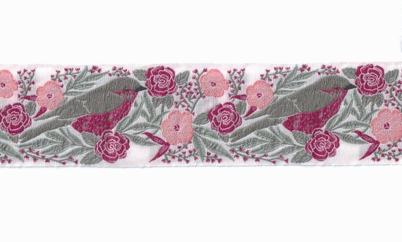 KAFKA K-13/01 Jacquard Ribbon Organic Cotton Trim 2" wide (50mm) Pale Pink w/Gray Sparrows, Gray Flowers