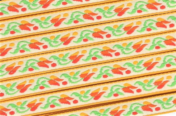 FLORAL B-10-S Jacquard Ribbon Poly Trim 1/2" wide (13mm) Off-White w/Gold Yellow Borders, Yellow & Orange Tulips/Dots, Green Leaves