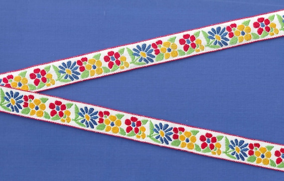 FLORAL D-25-A Jacquard Ribbon Cotton Trim 3/4" wide (20mm) VINTAGE, Off-White w/Red Borders,  Red/Yellow/Royal Blue Flowers & Green Leaves
