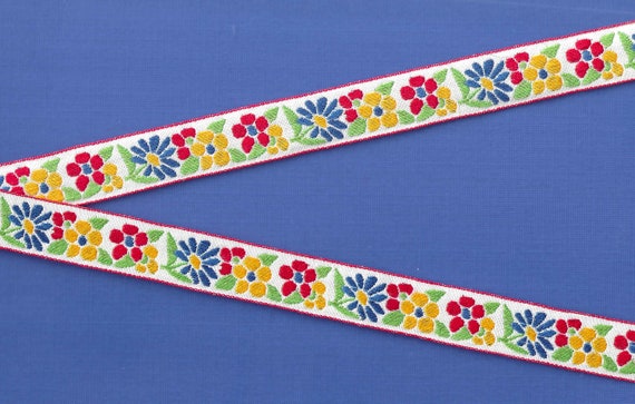 FLORAL D-25-A Jacquard Ribbon Cotton Trim 3/4" wide (20mm) VINTAGE, Off-White w/Red Borders,  Red/Yellow/Royal Blue Flowers & Green Leaves