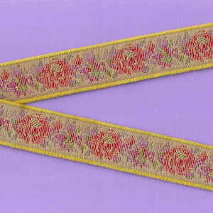 FLORAL TAPESTRY F-20-B Jacquard Ribbon Poly/Cotton Trim 1-1/8&quot; wide (28mm) Taupe w/Red, Pink & Purple Flowers, Gold Metallic Accents