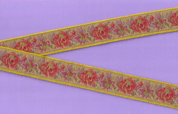 FLORAL TAPESTRY F-20-B Jacquard Ribbon Poly/Cotton Trim 1-1/8" wide (28mm) Taupe w/Red, Pink & Purple Flowers, Gold Metallic Accents