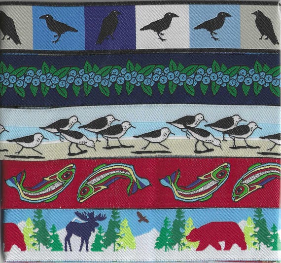ALASKAN Ribbon Gift Pak #7 Jacquard Ribbon Poly Trim 7/8" (22mm) 1yd each of 5 Designs - Ravens, Blueberries, Seagulls, Fish, Moose & Bears