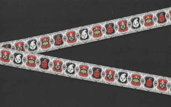 HALLOWEEN E-04-A Jacquard Ribbon Poly Trim 7/8" wide (22mm) Ghosts, Cats & Pumpkins on Gray/Cream Background, Per Yard
