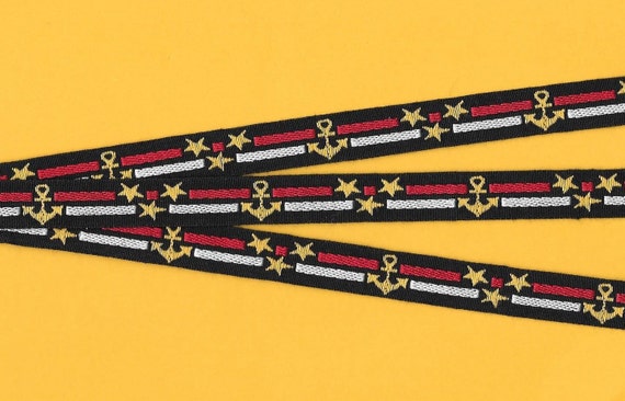 SPORTS/Nautical C-06-A Jacquard Ribbon Cotton Trim, 5/8" Wide (16mm) Made in France, Black w/Red & White Stripes Anchors Stars Per Yard