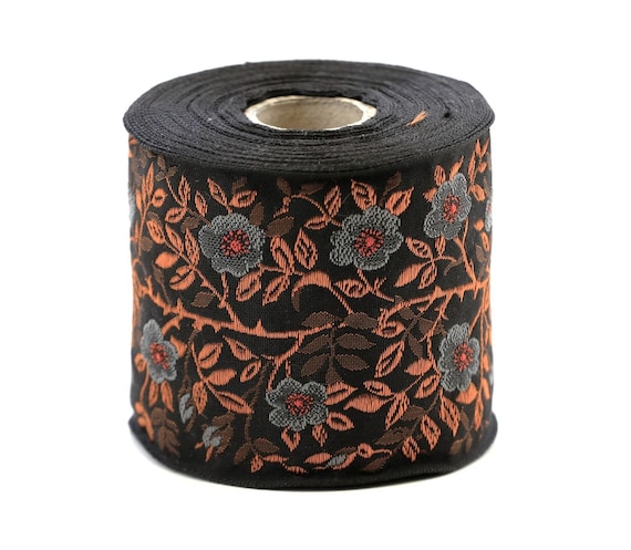 KAFKA L-01/34 Jacquard Ribbon Woven Organic Cotton Trim 2-3/8" wide (60mm) Dark Brown w/2-Tone Gray & Rust Wild Roses, "Shiny" Copper Leaves