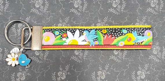 Jacquard Ribbon/Nylon Web 1" wide (25mm) Key Fobs, Blue Birds in a Garden w/Charms, Keychain, Wristlet, Zipper Pulls, Luggage Tags 5.5" long