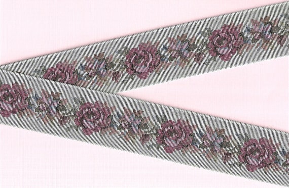 FLORAL TAPESTRY K-03-G Jacquard Ribbon Cotton Trim 2" wide (50mm) VINTAGE "Petit-Point" Gray w/Pink & Rose