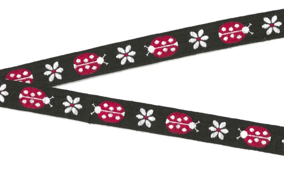 INSECTS D-04-A Jacquard Ribbon Cotton Trim 3/4" wide (20mm) VINTAGE Black Background w/Large Red & White Ladybugs, White Daisies