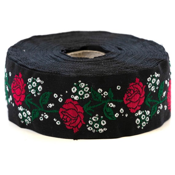 KAFKA G-08/02 Jacquard Ribbon Woven Organic Cotton Trim 1-1/4" wide (32mm) Black Background w/Red Roses & White Gypsophila