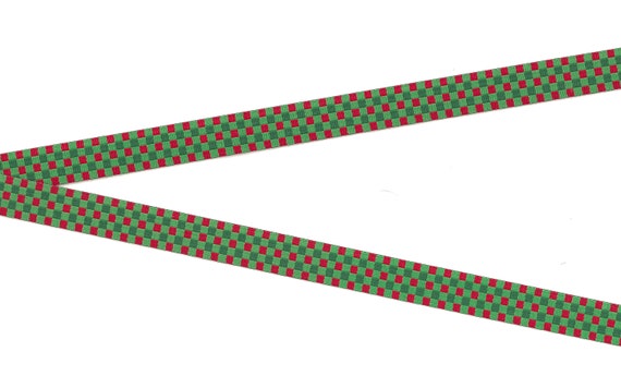 CHECKS B-03-B Jacquard Ribbon Poly Trim, 1/2" Wide (13mm) Douglas Paquette, Check Gingham Pattern in Red, Lt Green & Green