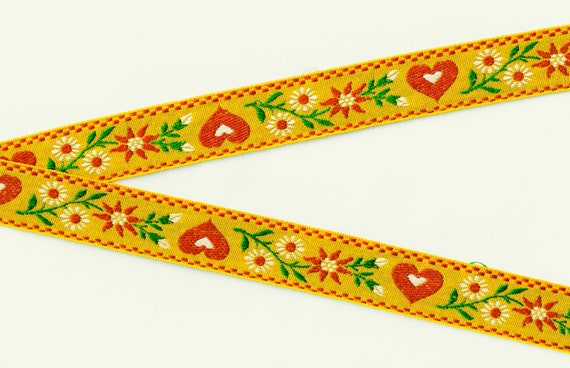 HEARTS/FLOWERS F-05-B Jacquard Ribbon Polyester Trim 15/16" wide (24mm) Yellow Background, Red Hearts, Red & White Flowers, Green Leaves