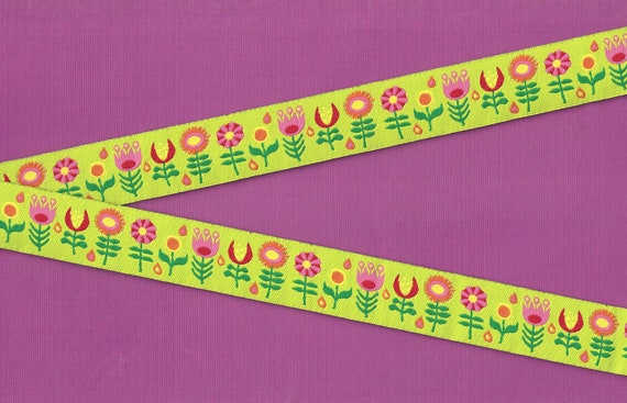 FLORAL E-19-C Jacquard Ribbon Poly Trim 7/8" wide (22mm) Jessica Jones, Lime Green w/Pink, Hot Pink & Yellow Flowers, Green Leaves, REMNANTS