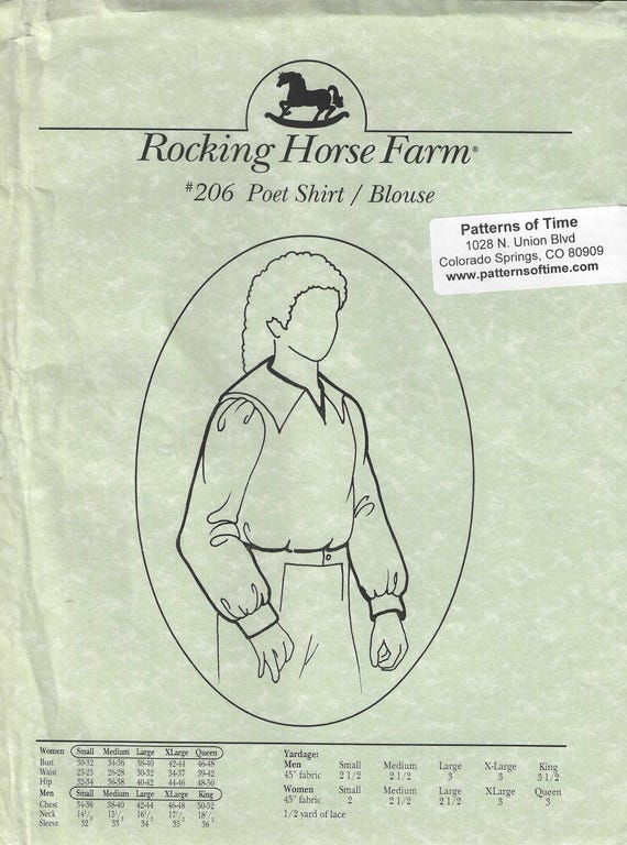 ROCKING HORSE FARM (Instructions/Pattern) #206 Poet/Pirate Unisex Shirt New/Uncut Size 8-18