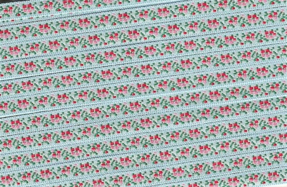 FLORAL A-05-i Jacquard Ribbon Rayon Trim 5/16" wide From Switzerland, Blue Background w/Red & Pink Flowers, Green Leaves