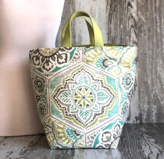 ATENTI Handmade Bags "AMALFI" Cream/Green & Gray Floral, Hope Basket Organizer, Needle Arts/Knitting Bag, Diaper Bag, USA Made