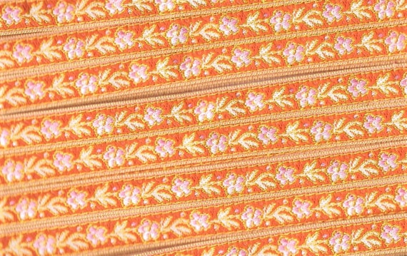 FLORAL B-12-B Jacquard Ribbon Poly Trim 1/2" wide (13mm) Made in France, Orange w/Yellow Border, Variegated Pink Flowers, Pale Green Vines