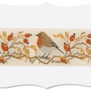 KAFKA H-05/01 Jacquard Ribbon Woven Organic Cotton Trim 1-5/8" wide (42mm) Ivory Autumn Colors w/Robins Berries Branches & Leaves