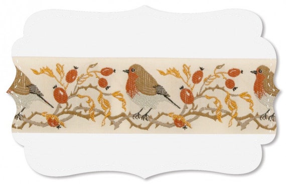 KAFKA H-05/01 Jacquard Ribbon Woven Organic Cotton Trim 1-5/8" wide (42mm) Ivory Autumn Colors w/Robins Berries Branches & Leaves