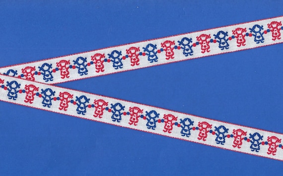 CHILDREN's D-01-A Jacquard Ribbon Cotton Trim, 3/4" Wide (20mm) White w/Red Border, w/Blue & Red Little Girls Holding Hands