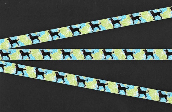 ANIMALS/Dogs B-06-A Jacquard Ribbon Polyester Trim 1/2" wide (13mm) Lime & Turquoise Sea Shell Background w/Black Labradors