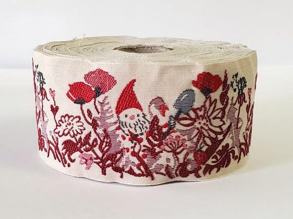 KAFKA H-08/03 Jacquard Ribbon Woven Organic Cotton Trim 1-1/2" wide (40mm) Beige, Gnomes w/Shovels, Dk Red Poppies Burgundy & Lilac Greenery