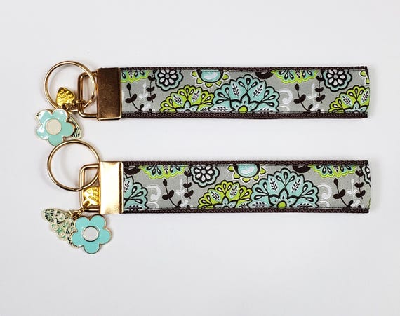 FLORAL (Brown, Aqua & White) Jacquard Ribbon/Nylon Web 1" wide (25mm) 5.5" long Key Fob w/Charms