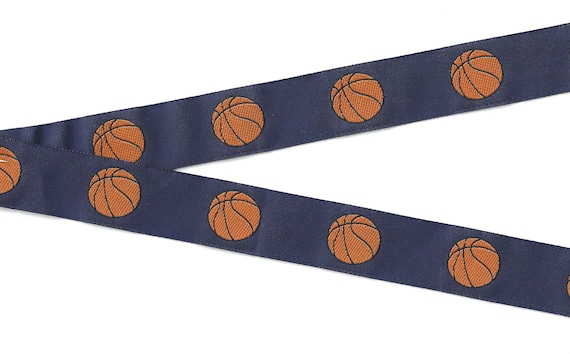 SPORTS E-01-G Jacquard Ribbon Poly Trim 15/16" wide (24mm) Dark Navy w/Basketballs