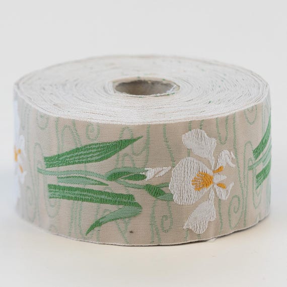 KAFKA H-10/11 Jacquard Ribbon Woven Organic Cotton Trim 1-1/2" wide (38mm) Beige Background w/White Irises & Green Leaves