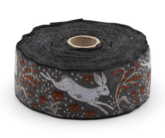 KAFKA H-27/14 Jacquard Ribbon Organic Cotton Trim 1+1/2" wide (38mm) Dark Gray w/Lt Gray Jackrabbits