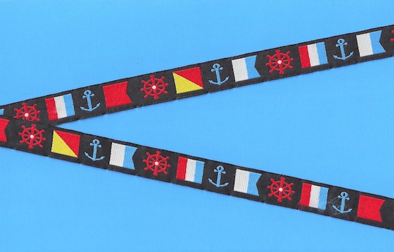 SPORTS/Nautical C-09-A Jacquard Ribbon Polyester Trim 5/8" wide (16mm) Sailing Emblems w/Blue Anchors Red Captain's Wheels & Flags, Per Yard