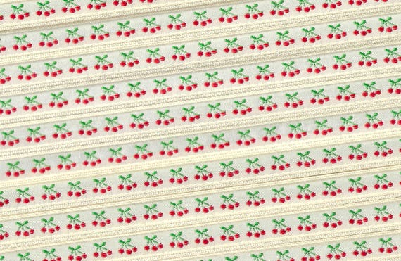 NOVELTY/Food A-01-A Jacquard Ribbon Polyester Trim 3/8" wide (9mm) Ivory Satin Background w/Trio of Petite Red Cherries & Green Stems