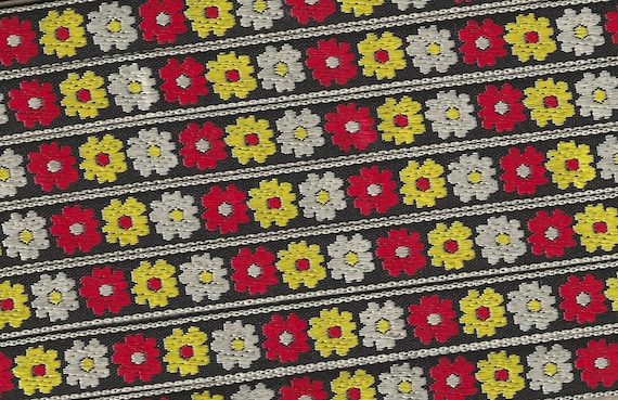 FLORAL B-18-E Jacquard Ribbon Rayon Trim 1/2" wide (13mm) Black Background w/White, Red & Yellow Flowers, White Borders