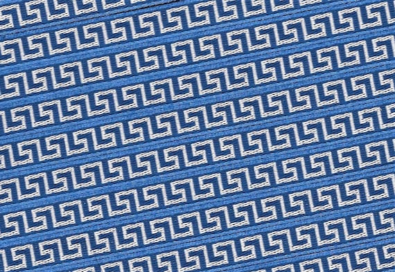 GEOMETRIC A-20-B Jacquard Ribbon Polyester Trim 3/8" Wide (9mm) Blue Background w/White Greek Key Design