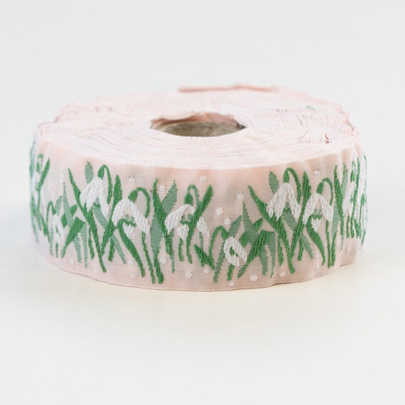 KAFKA G-01/11 Jacquard Ribbon Woven Organic Cotton Trim 1-1/4" wide (32mm) "Ballet" Pink w/White Snowdrops, 2-Tone Green Leaves